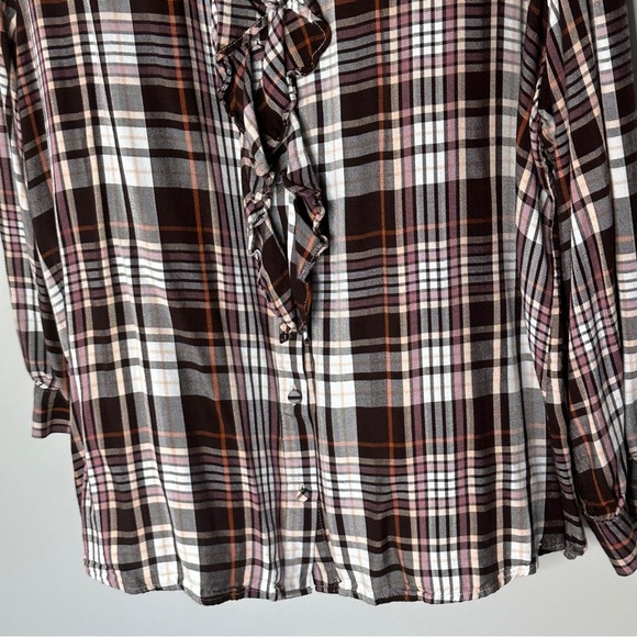 Chicos Size 4 Ruffle Front Brown Plaid Button Front Blouse Top Office Business - Picture 7 of 12